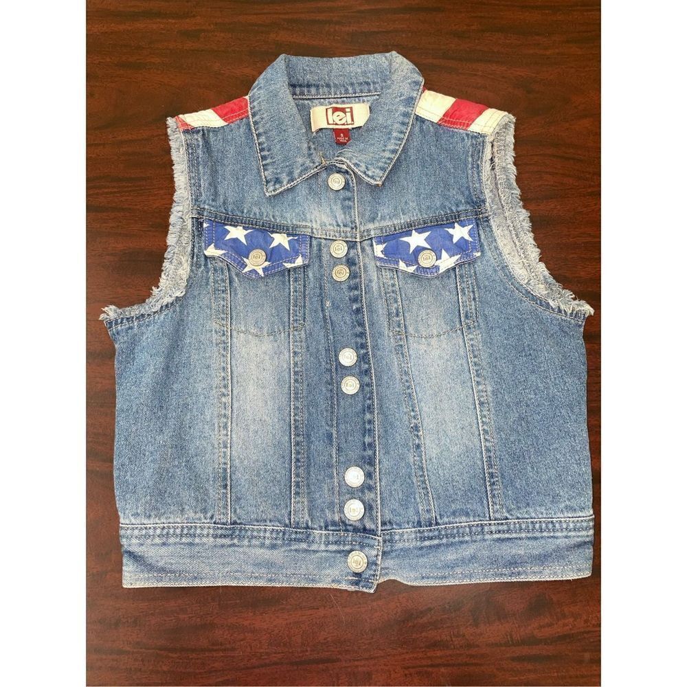 L.e.i. Button Up American Flag Devin Denim Cropped Vest Size Small